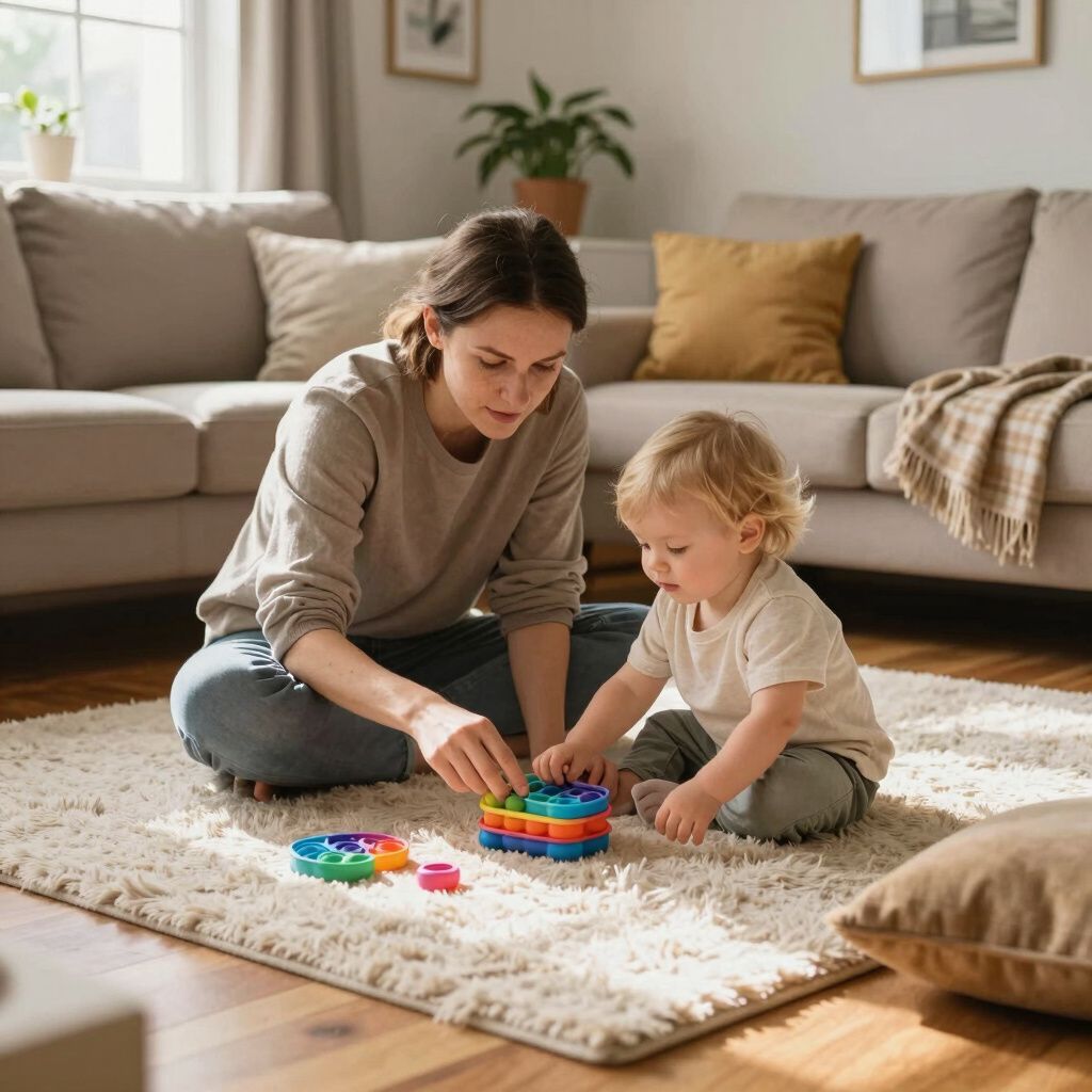Een volwassene en een peuter zitten samen op een vloerkleed in de woonkamer en spelen met kleurrijke, in elkaar grijpende plastic speelgoedstukjes.