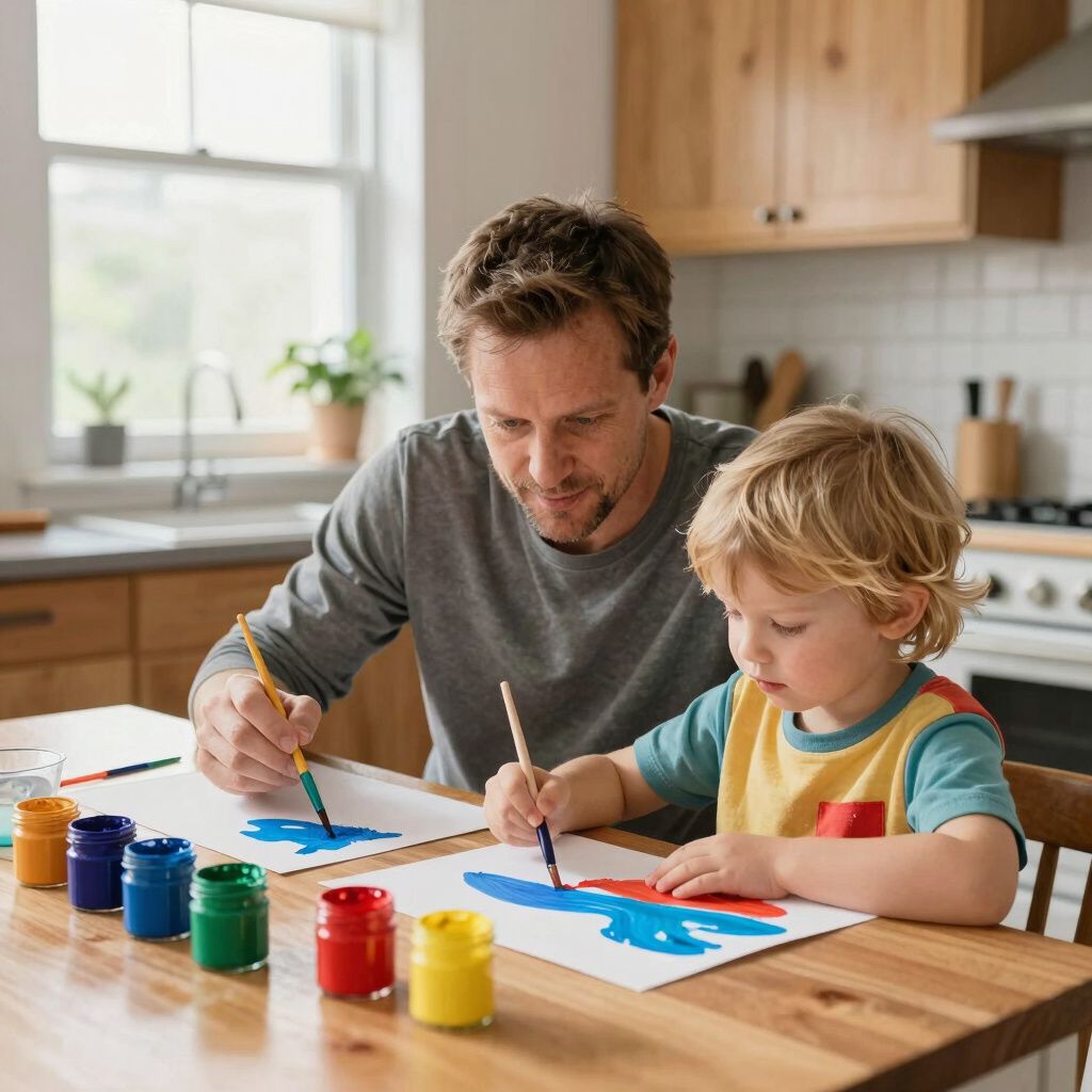 Een ouder en kind zitten aan de keukentafel en kleuren met kwasten op wit papier, met potten kleurrijke verf in de buurt.