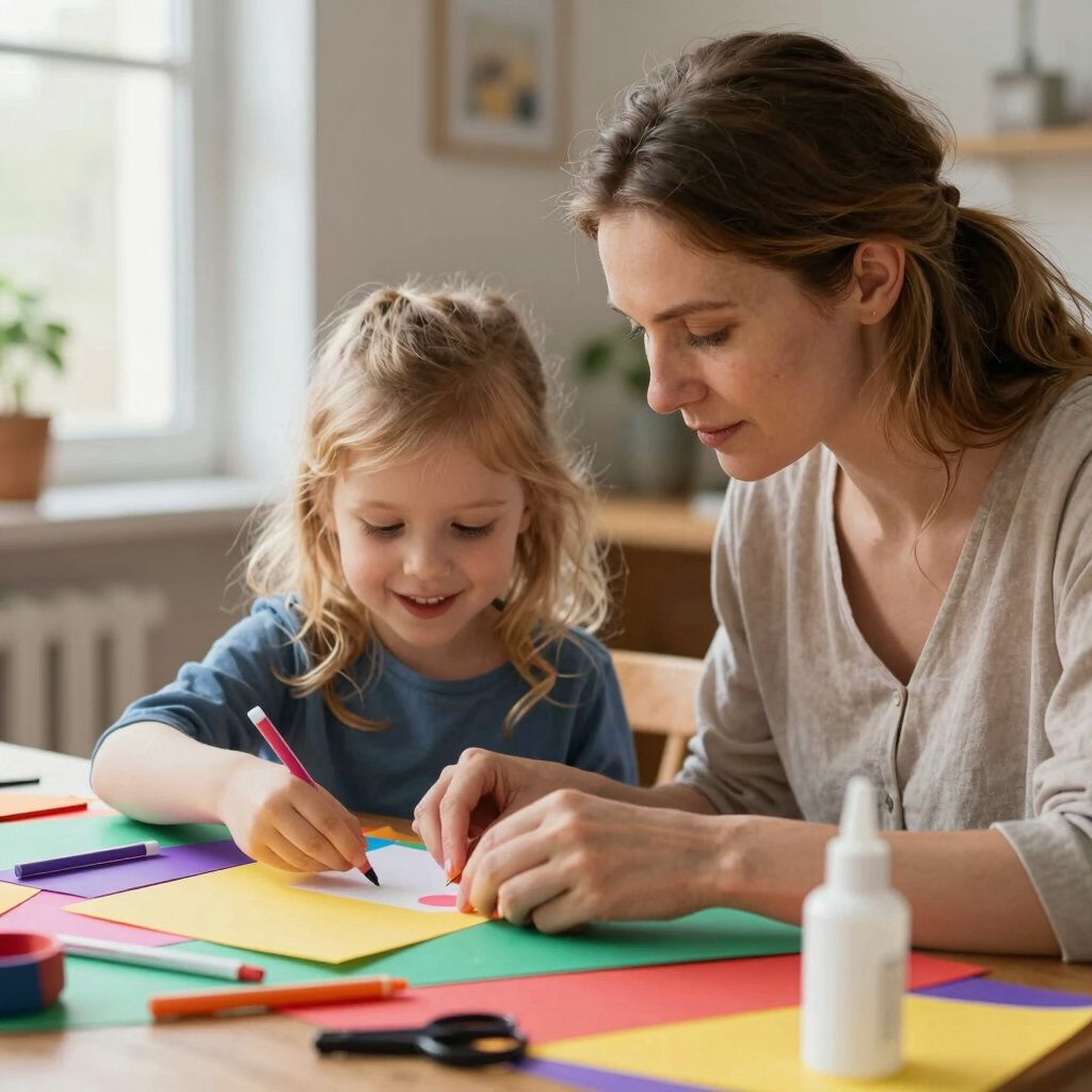 Een ouder en kind zitten samen aan een tafel met kleurrijk knutselpapier en tekenen en knutselen.