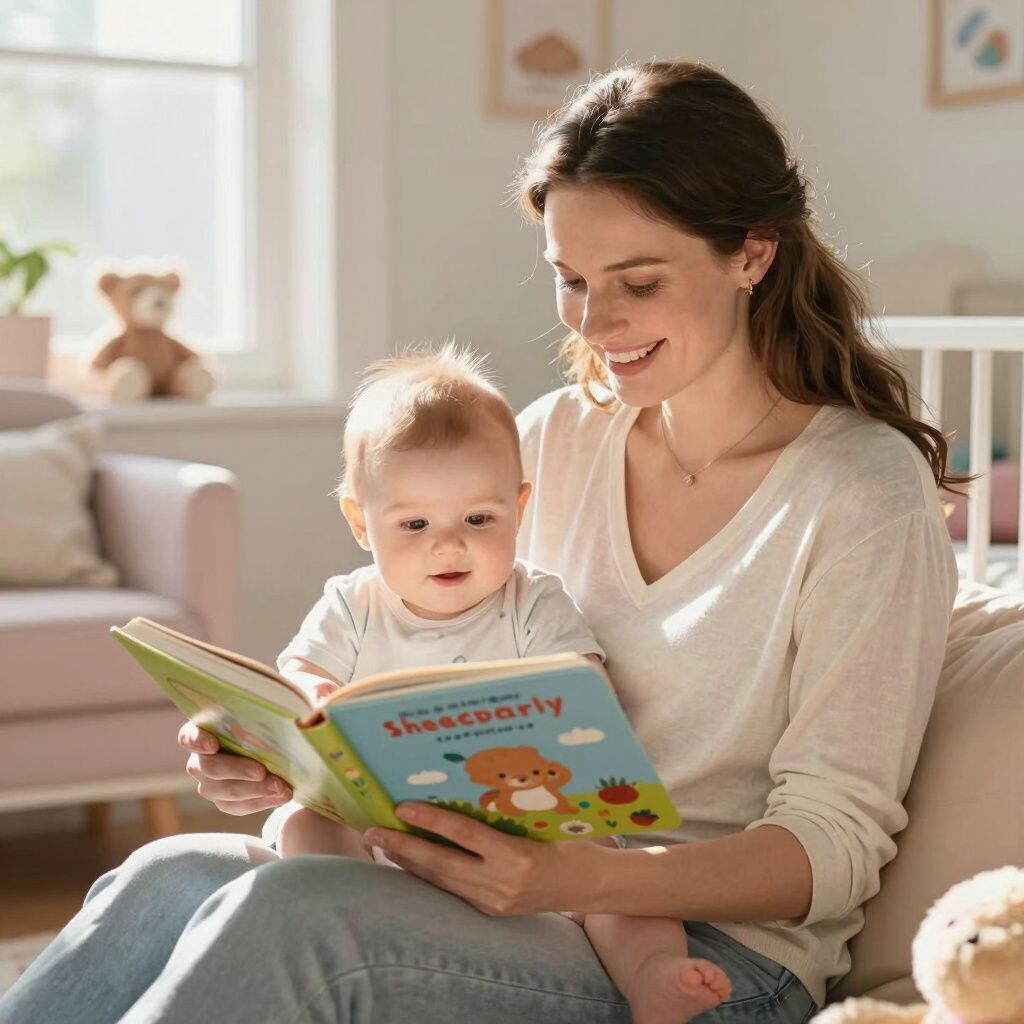 Een glimlachende volwassene leest een kleurrijk boek over een beer voor aan een baby, terwijl ze samen in een zonnige, knusse kinderkamer zitten.