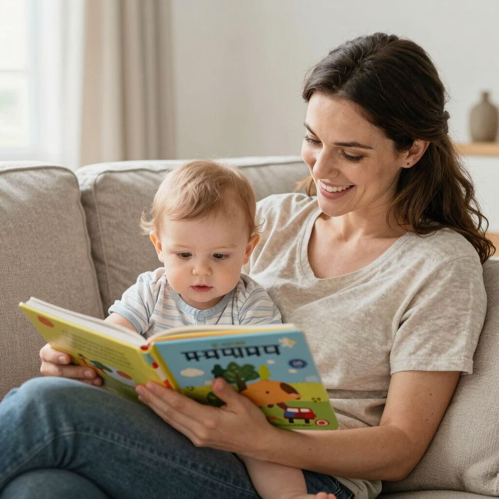 Een glimlachende volwassene en een jong kind zitten op de bank en lezen samen uit een open, kleurrijk geïllustreerd boek.