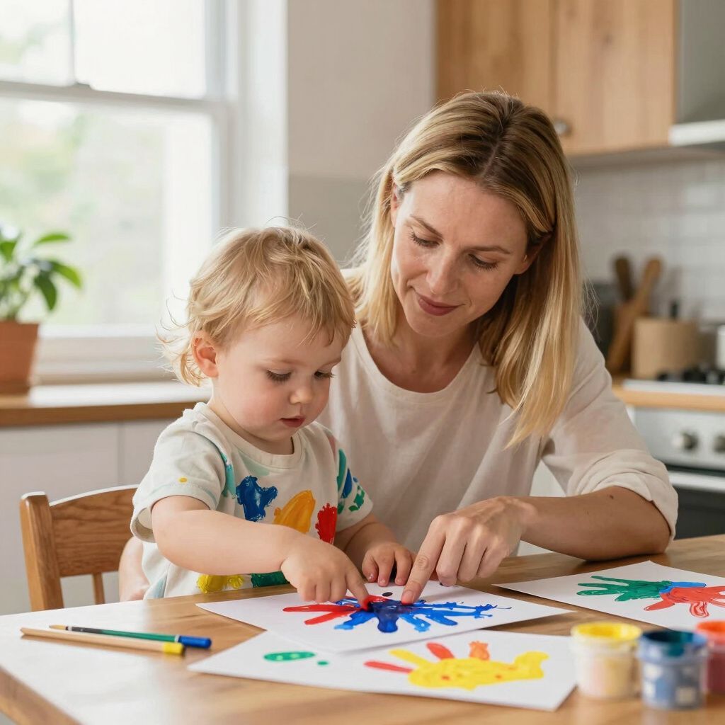 Een volwassene en een peuter zitten aan de keukentafel en schilderen met kleurrijke verf op papier.