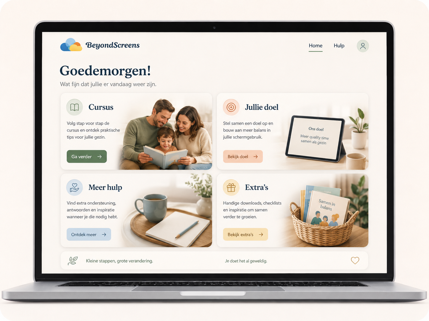 A laptop screen displays a website menu with four watercolor-style illustrations labeled