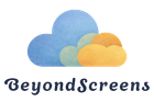 Het BeyondScreens-logo, met drie overlappende blauwe, groene en oranje wolken in aquarel-stijl boven de tekst.