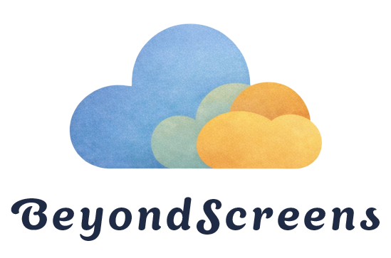 Het BeyondScreens-logo, met drie overlappende blauwe, groene en oranje wolken in aquarel-stijl boven de tekst.
