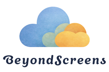 Het BeyondScreens-logo, met drie overlappende blauwe, groene en oranje wolken in aquarel-stijl boven de tekst.