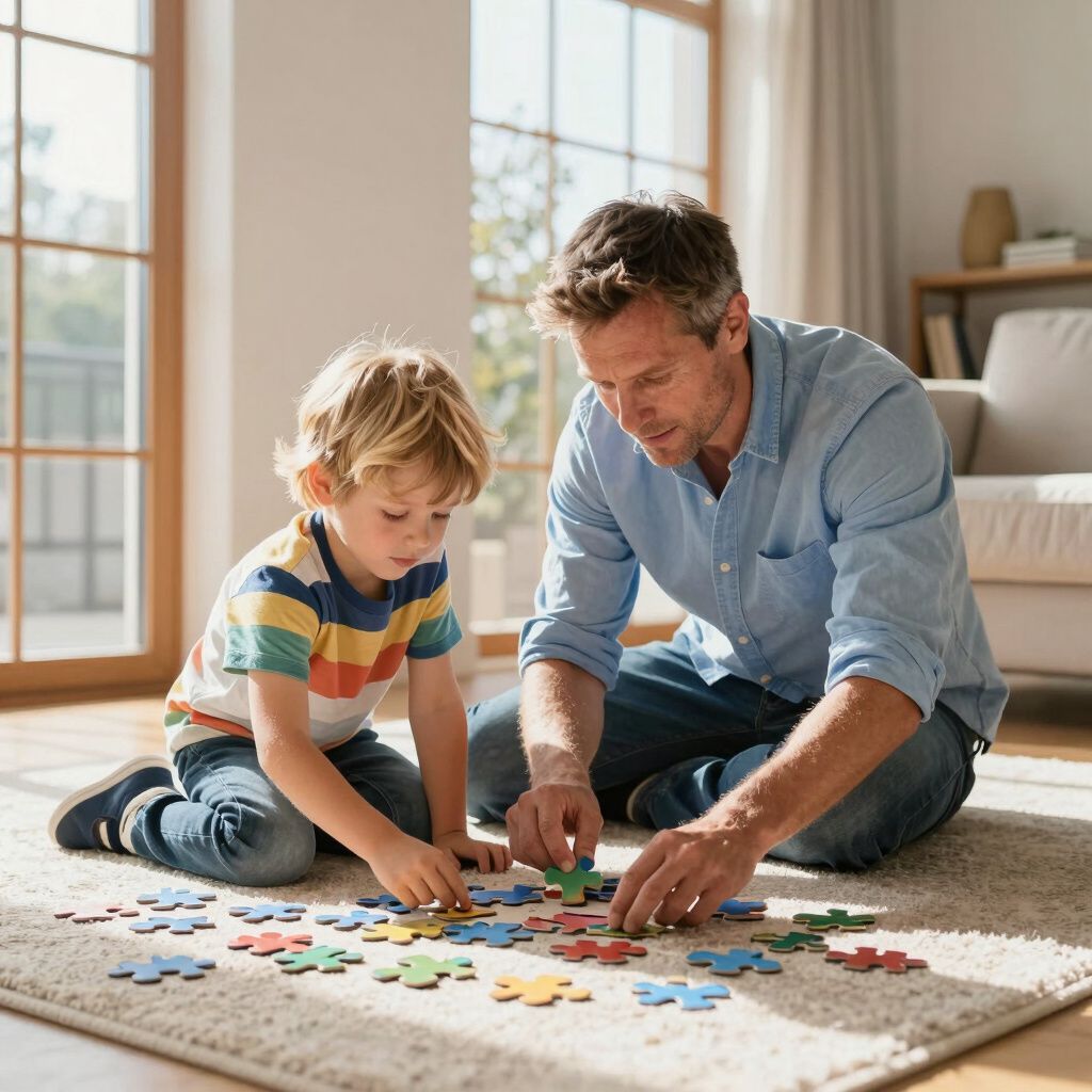 Een persoon en een kind zitten op een kleed in een zonnige kamer en zijn geconcentreerd bezig met het in elkaar zetten van kleurrijke puzzelstukjes op de vloer.