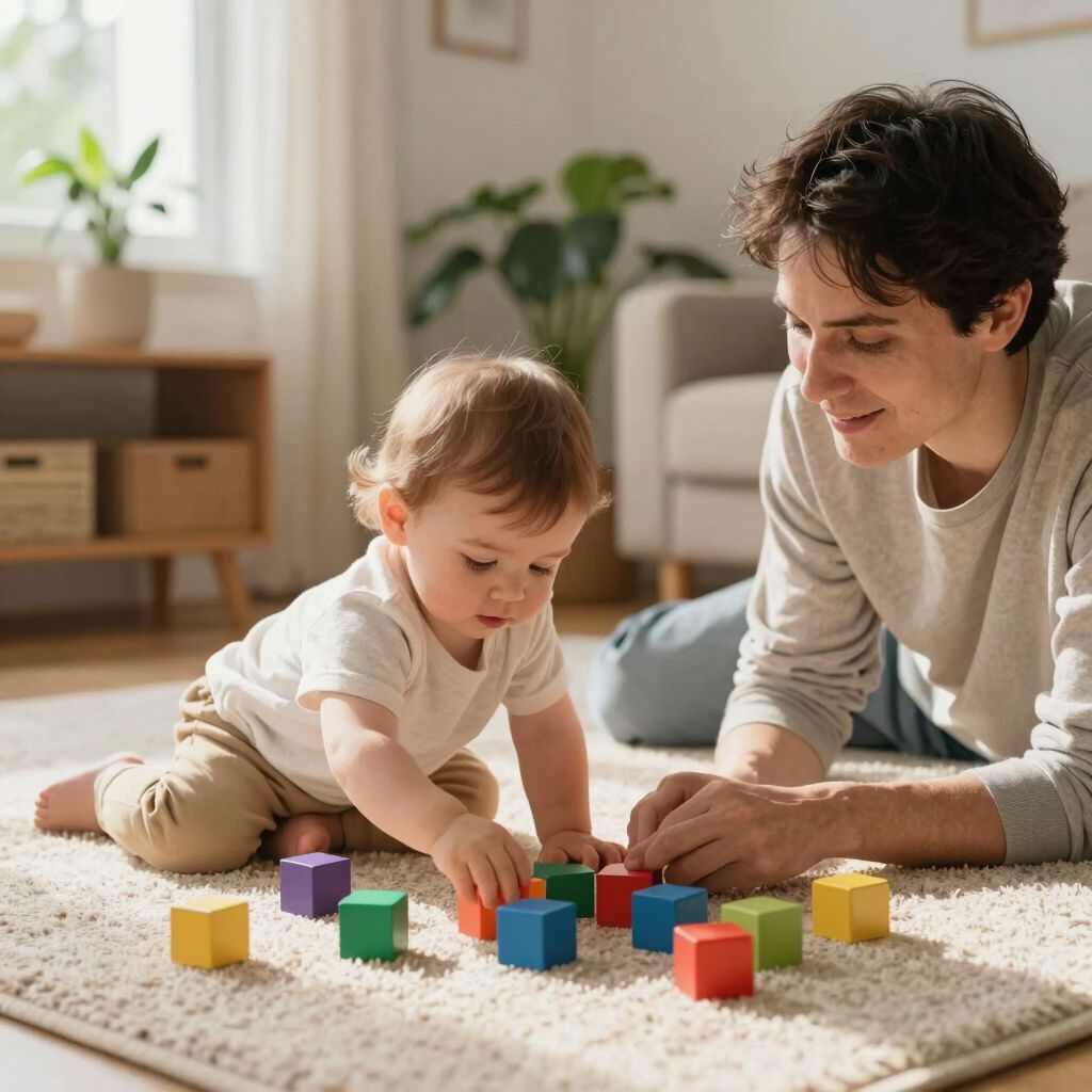 Een volwassene en een peuter zitten op een tapijt en spelen samen met kleurrijke houten blokken in een lichte, moderne woonkamer.