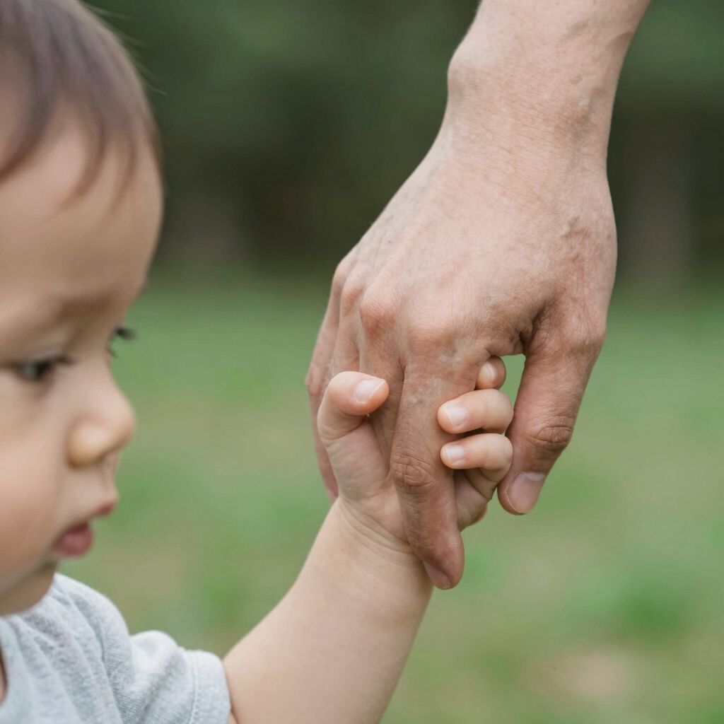 In een buitenomgeving met een zachte, wazige groene achtergrond houdt een klein kinderhandje de vinger van een volwassene vast.