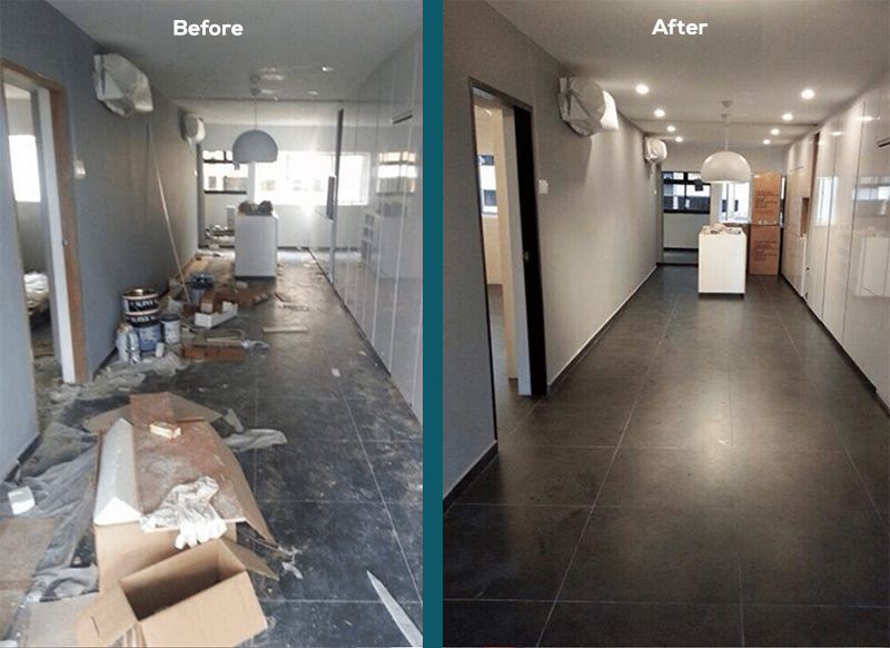 Before and after of a renovated hallway with dark tile floors, gray walls, and white cabinets.