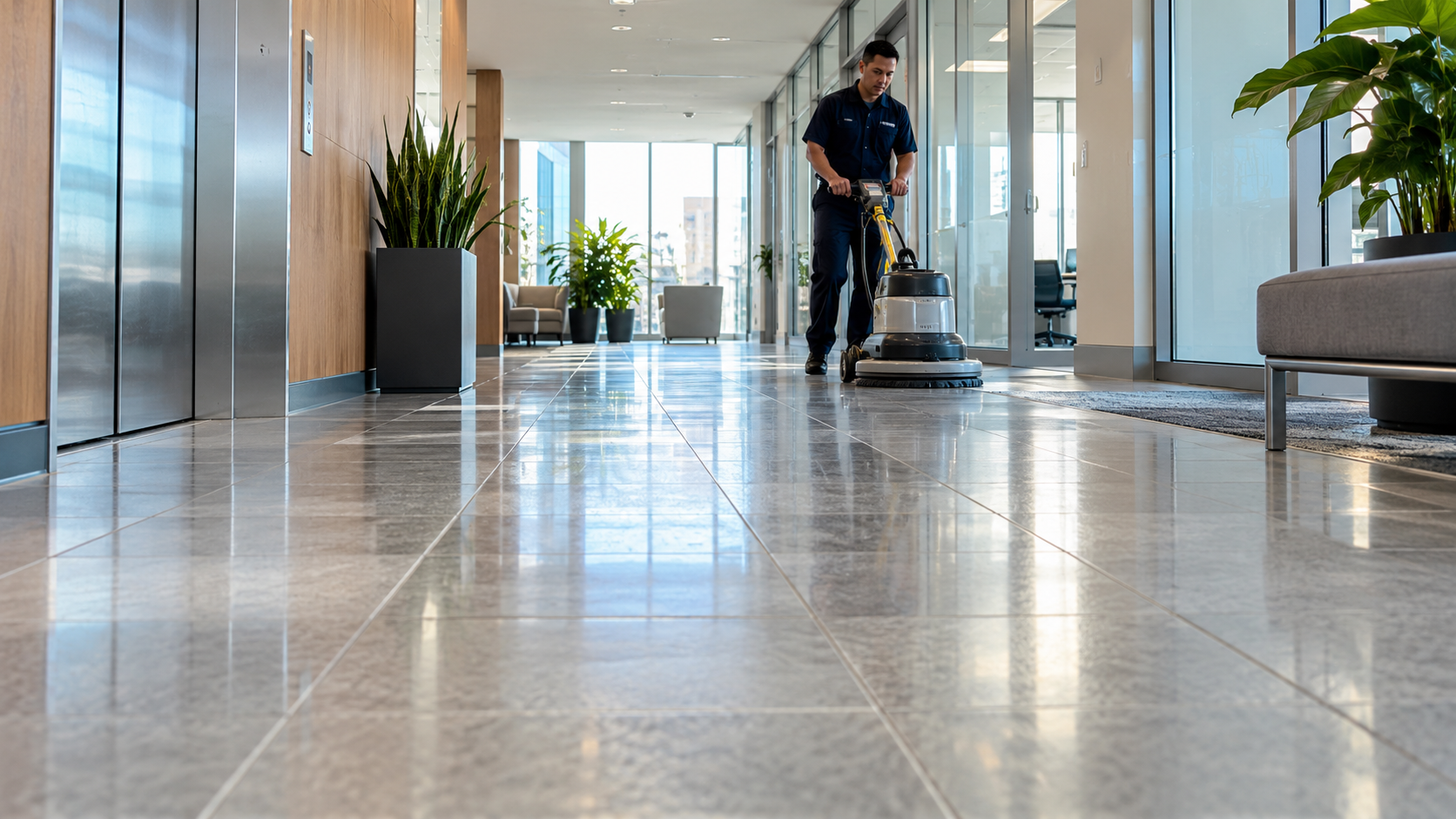 Cleaning technician polishing a commercial office hallway floor with professional equipment