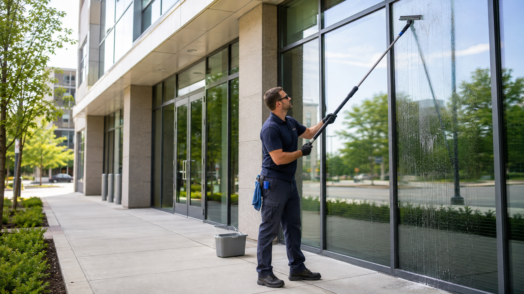 Professional cleaner washing exterior windows at a Tulsa office building