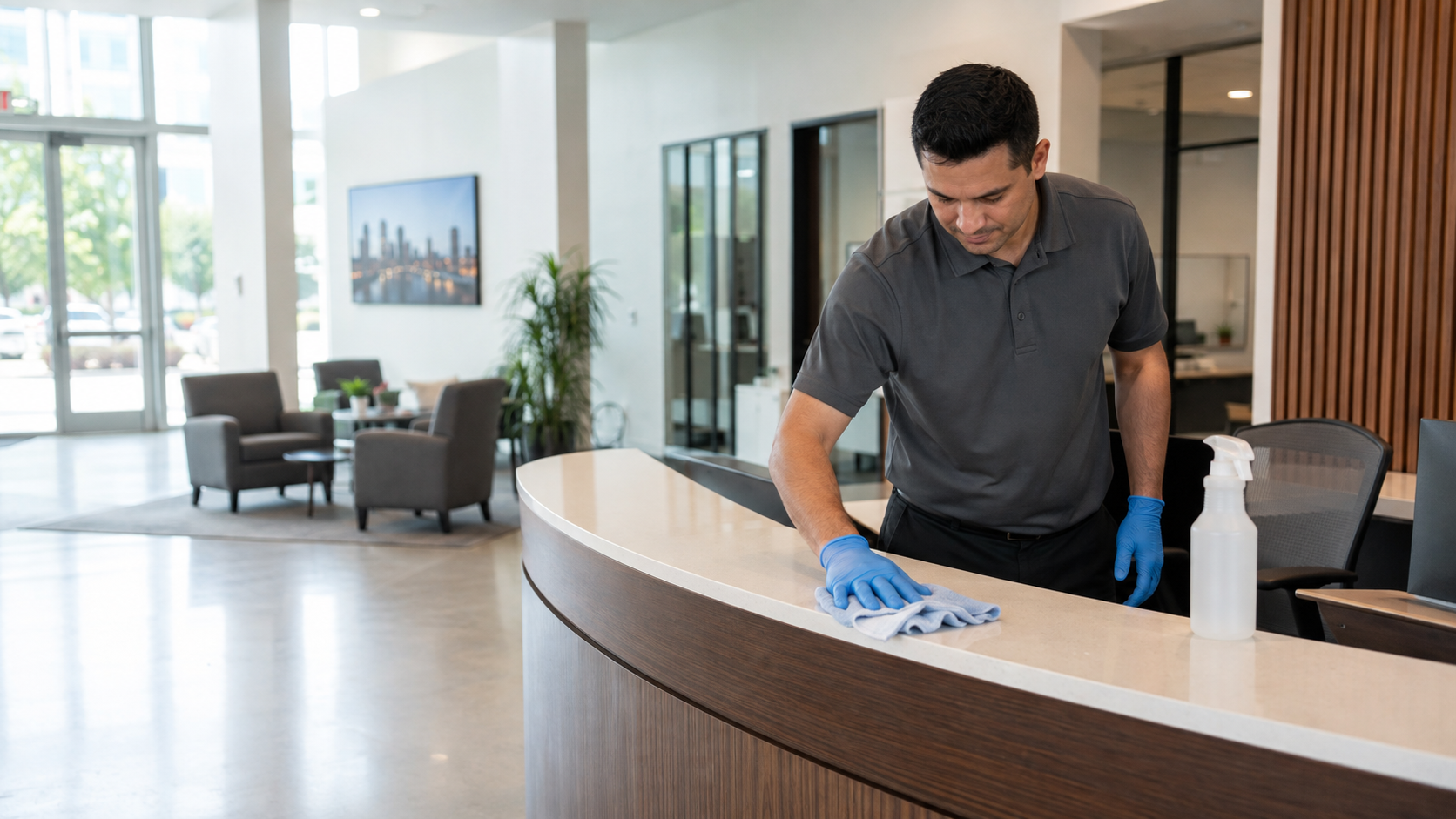 Cleaning technician disinfecting a reception counter in a modern Tulsa office