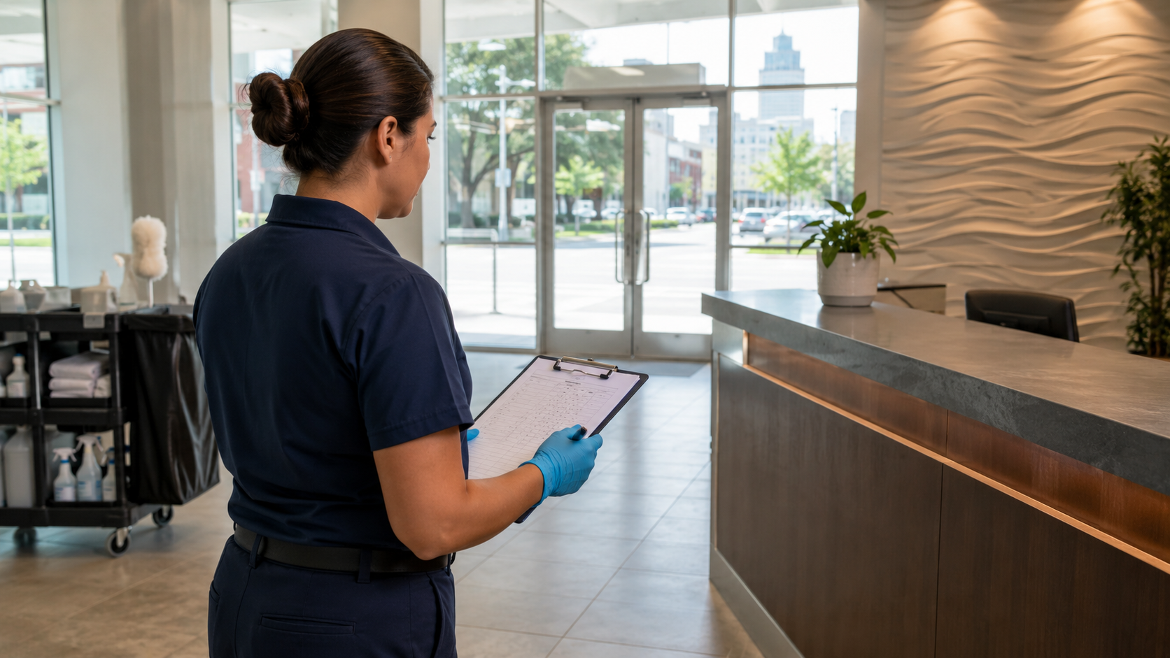 Cleaning supervisor reviewing a sanitation checklist in a Tulsa office lobby