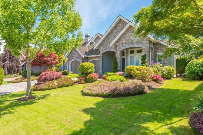 Sunlit suburban house with stone facade, lush green lawn, and colorful landscaped shrubs and trees