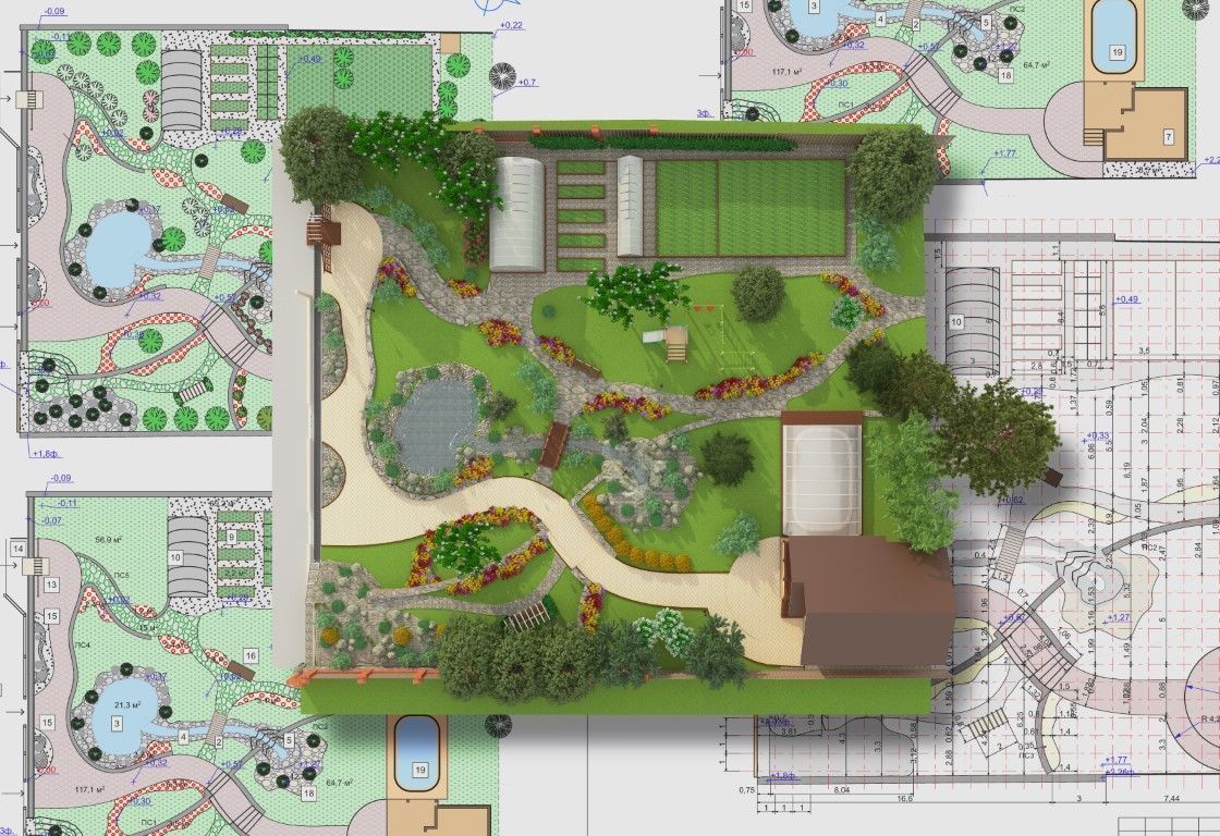 Landscape site plan with a central garden, winding path, trees, and surrounding architectural drawings