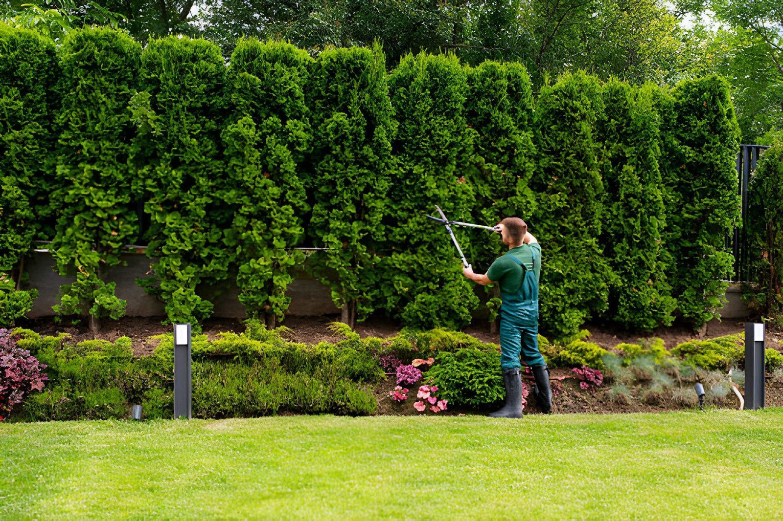 Person watering a tall green hedge in a landscaped garden with lawn and flowers