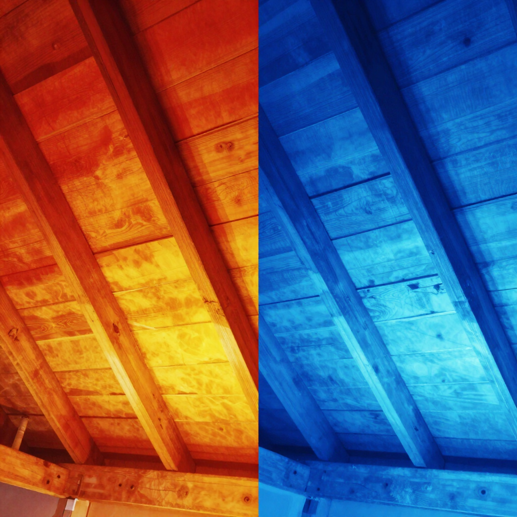 Colorful abstract view of a wooden ceiling split into warm orange and cool blue tones