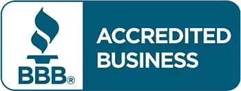 BBB Accredited Business logo with teal background and white emblem, text reading “ACCREDITED BUSINESS”