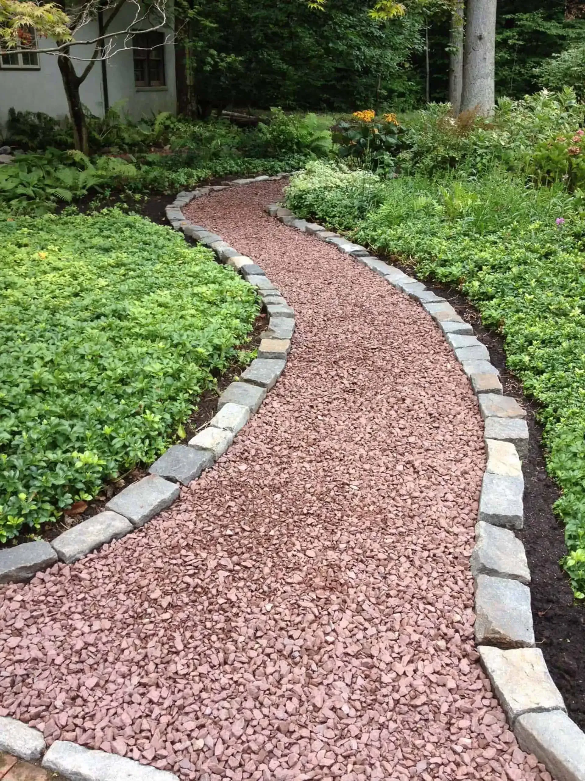 Curving red gravel garden path bordered by gray stones and lush green plants
