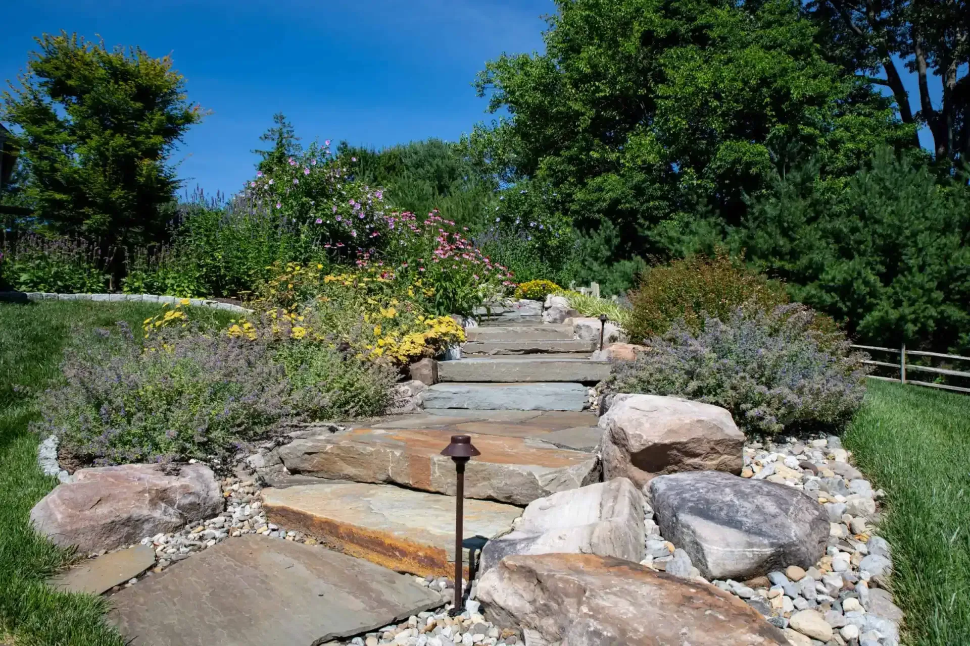Stone steps and a garden path bordered by rocks, flowers, and trees under a blue sky