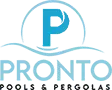 Blue and white PRONTO logo with stylized P and the text “POOLS & PERGOLAS”