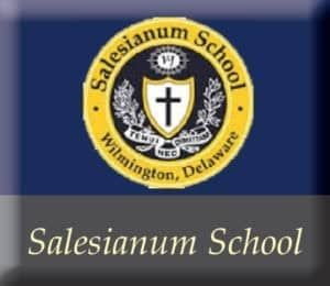 Salesianum School logo with blue and gold crest, Wilmington, Delaware text