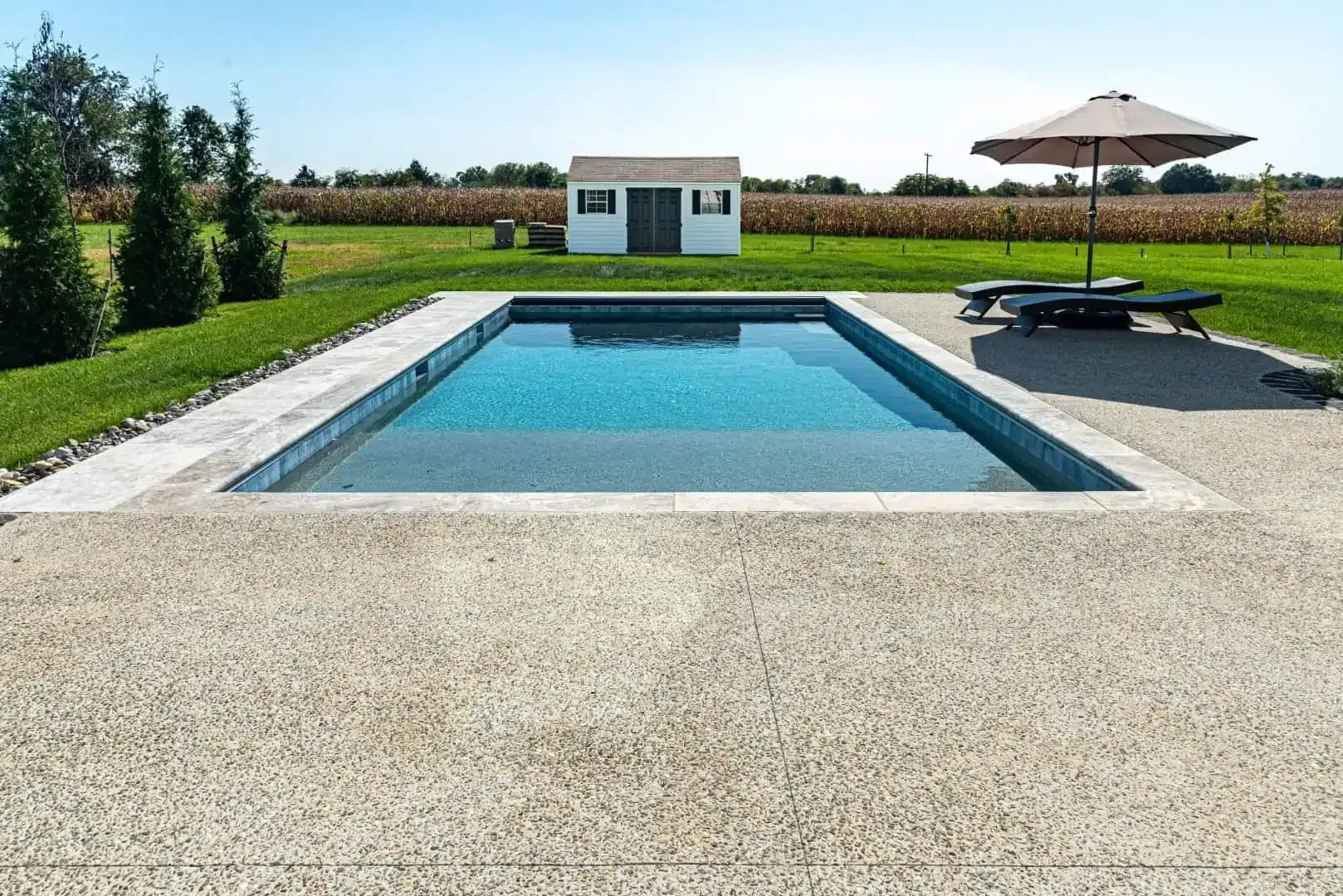 Backyard swimming pool with lounge chairs, umbrella, and small shed under clear sky