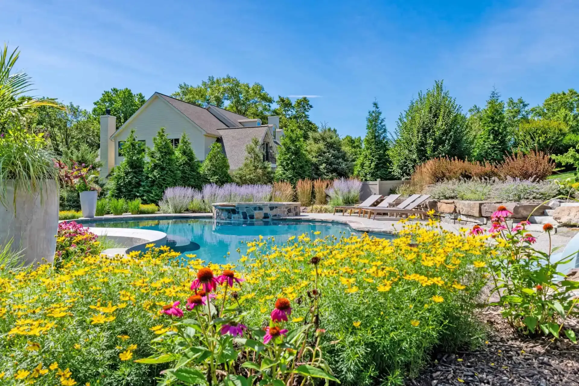 Colorful flowers beside a blue backyard pool under a clear sky, with lounge chairs and a house in the background