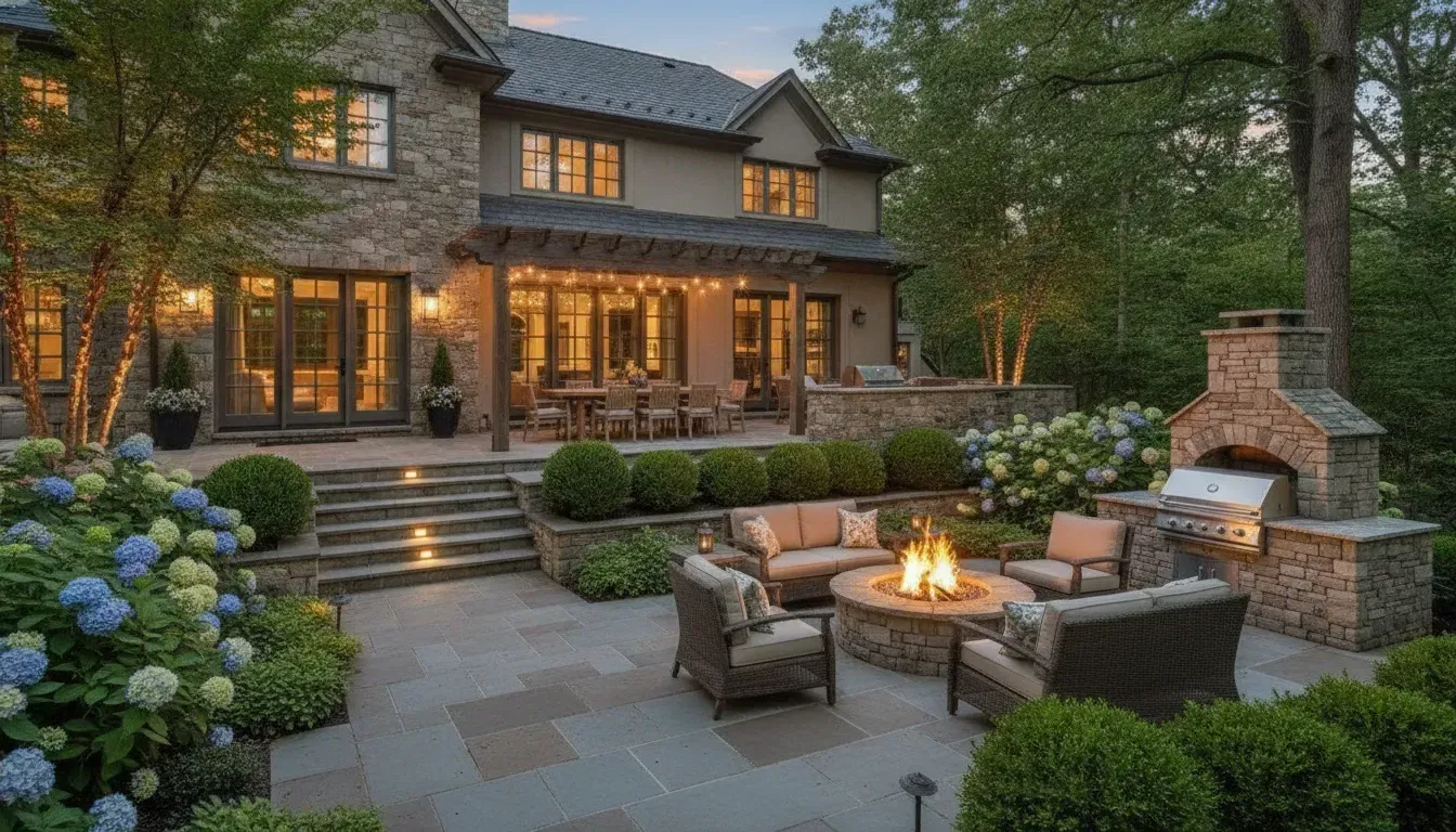 Stone patio with wicker seating and fire pit in a landscaped backyard beside a lit brick house at dusk