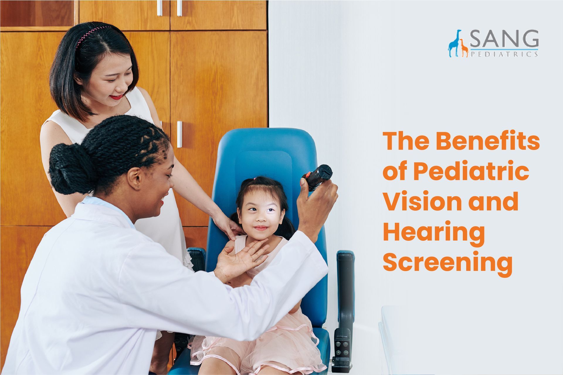 A doctor is examining a little girl 's vision and hearing screening.