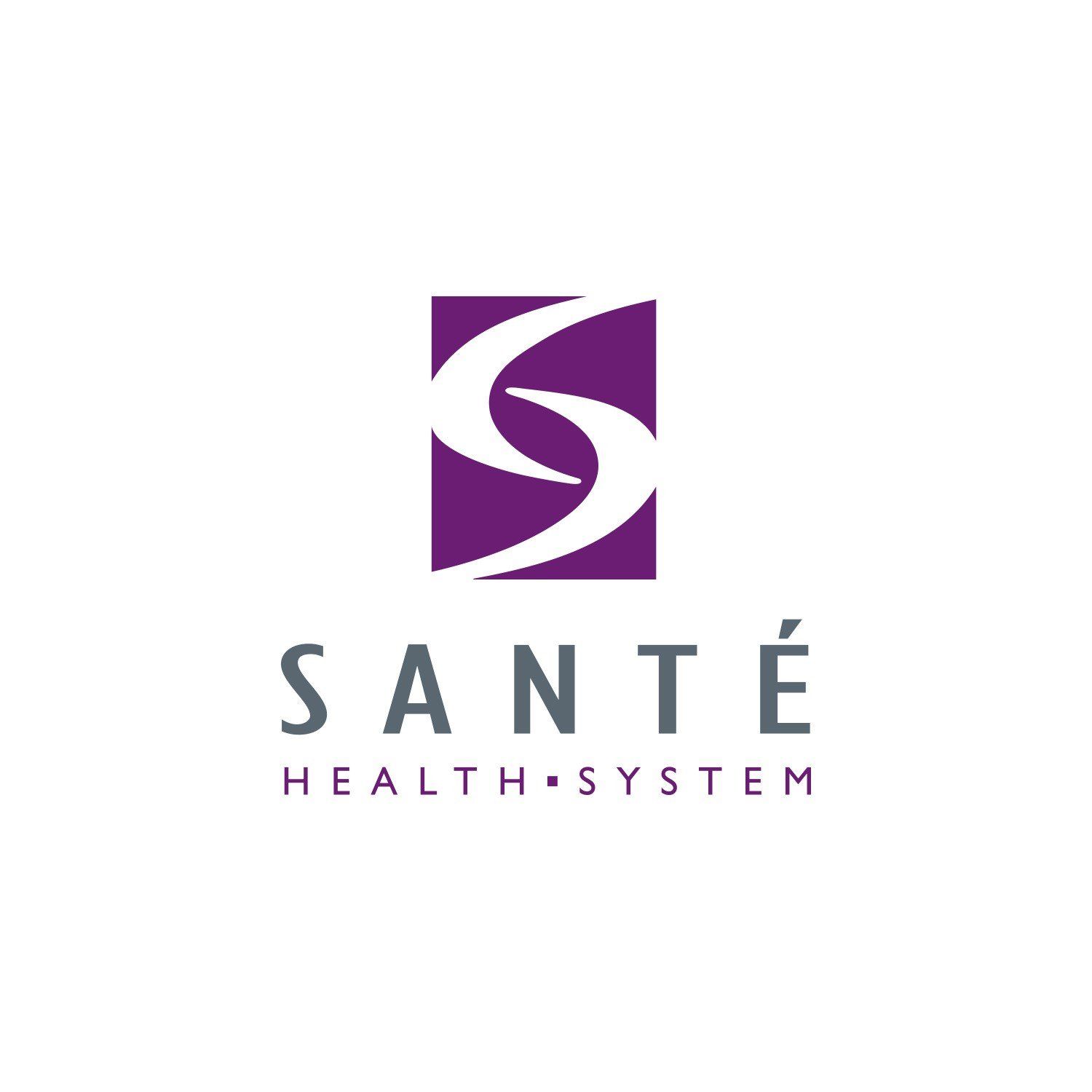 The logo for sante health system is a purple square with a s on it.
