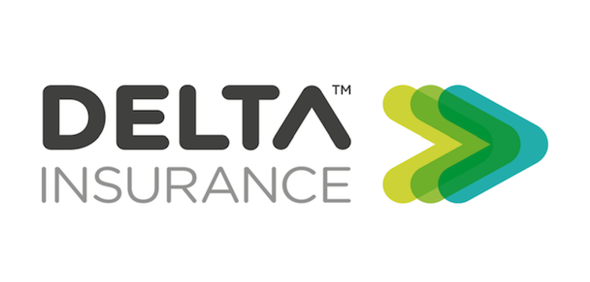 A delta insurance logo with a green arrow pointing to the right