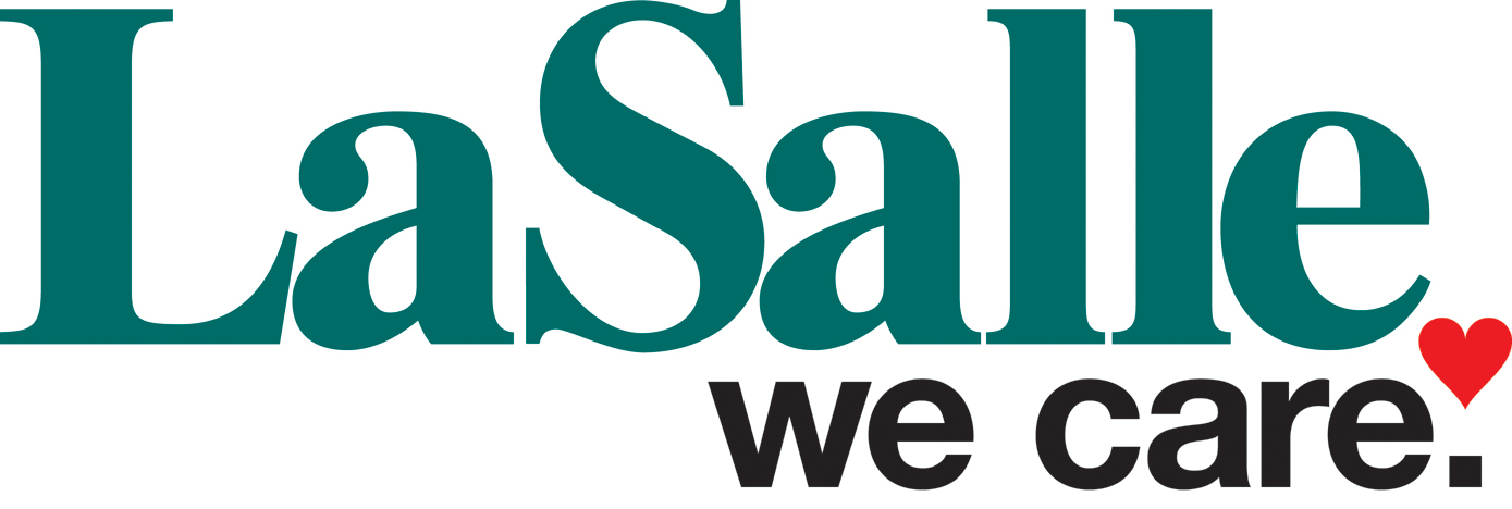 A logo for lasalle we care with a heart in the middle.