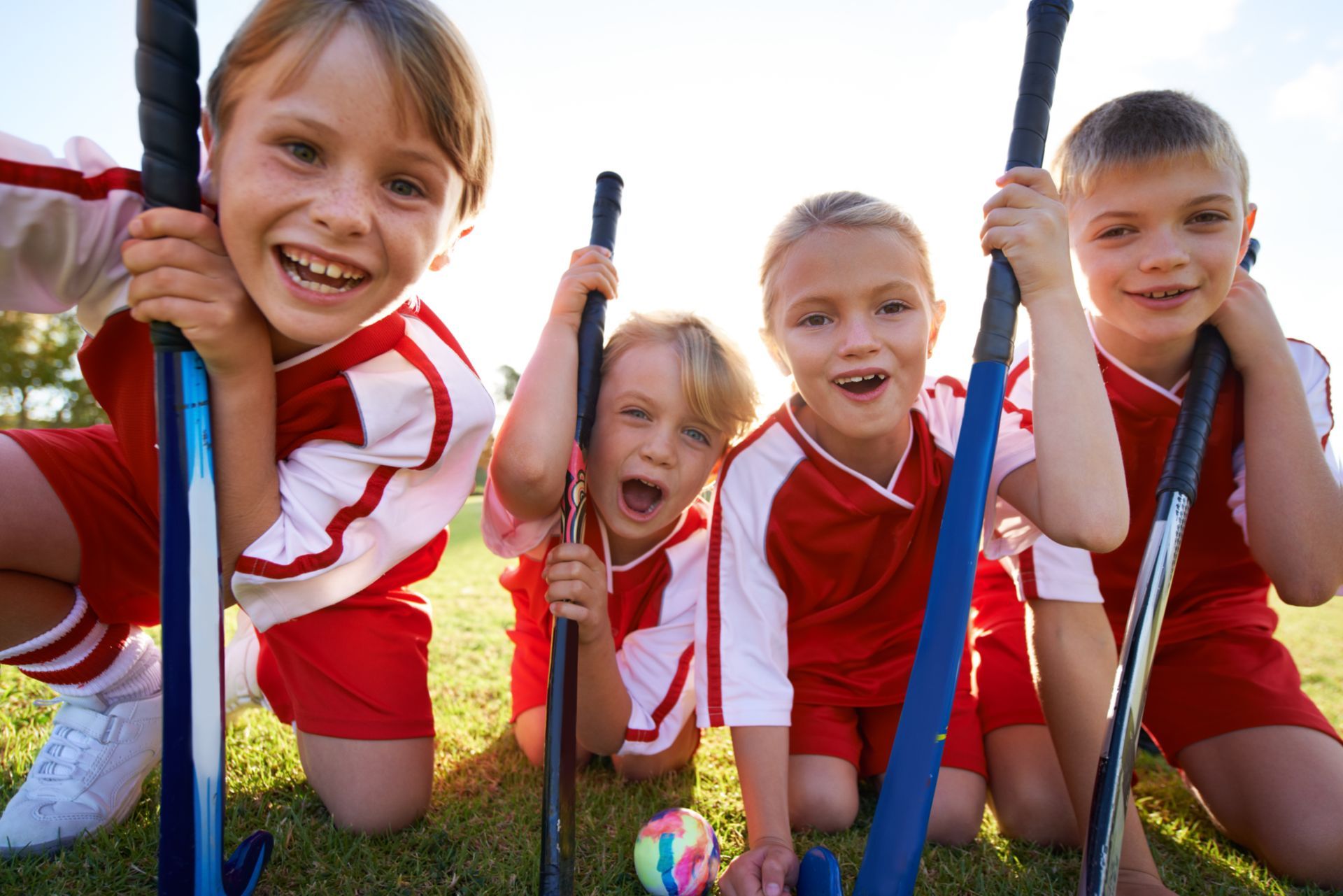 A group of young children are sitting on the grass holding hockey sticks and a ball.