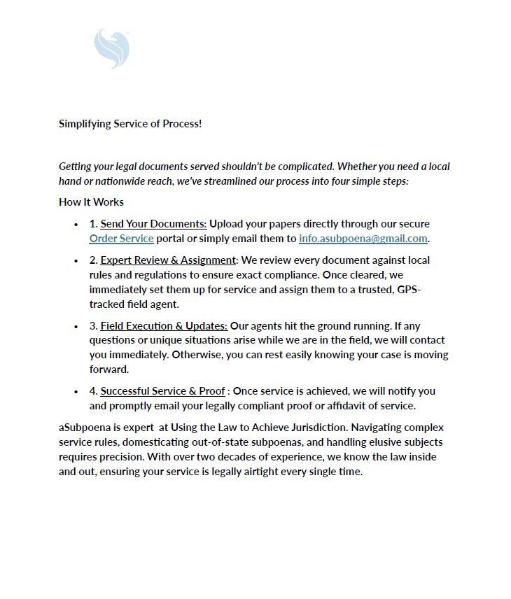 White flyer with blue logo listing four steps for legal document renewal and service process.