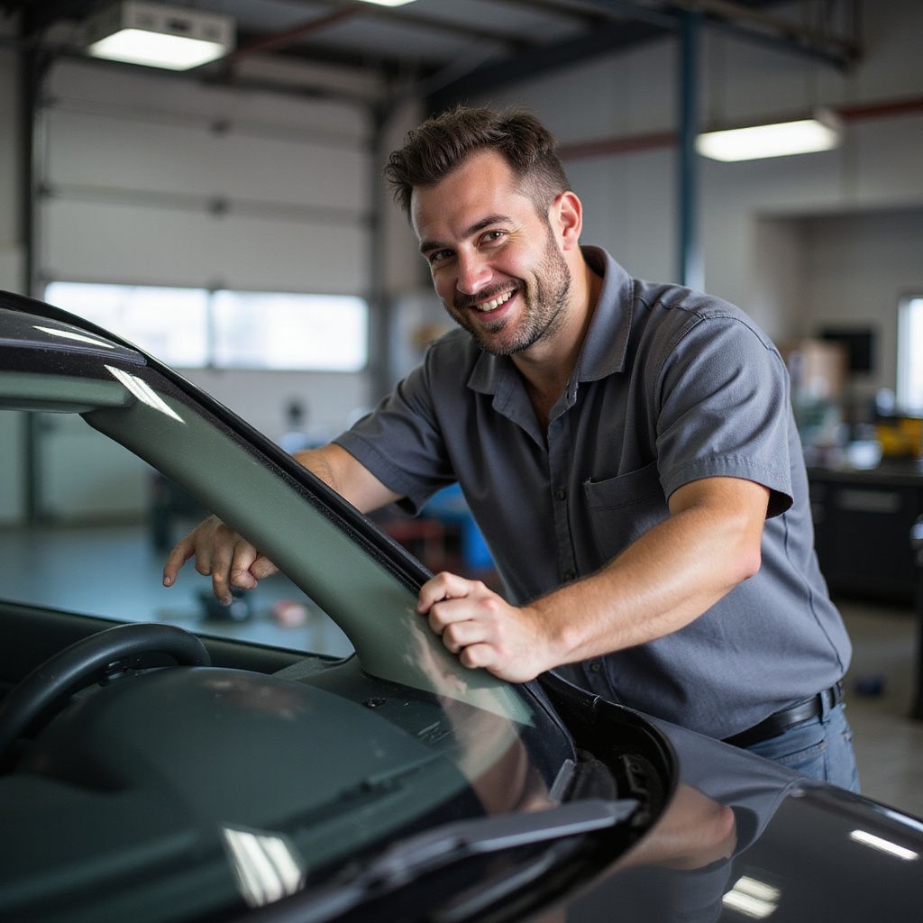 Mechanic in gray uniform smiling, working on a car windshield inside a garage.