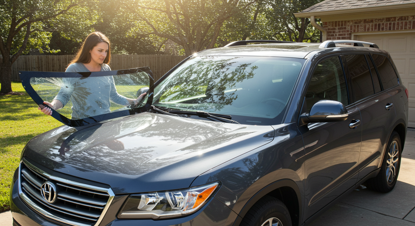 Woman opening car door of a gray SUV parked in front of a house.