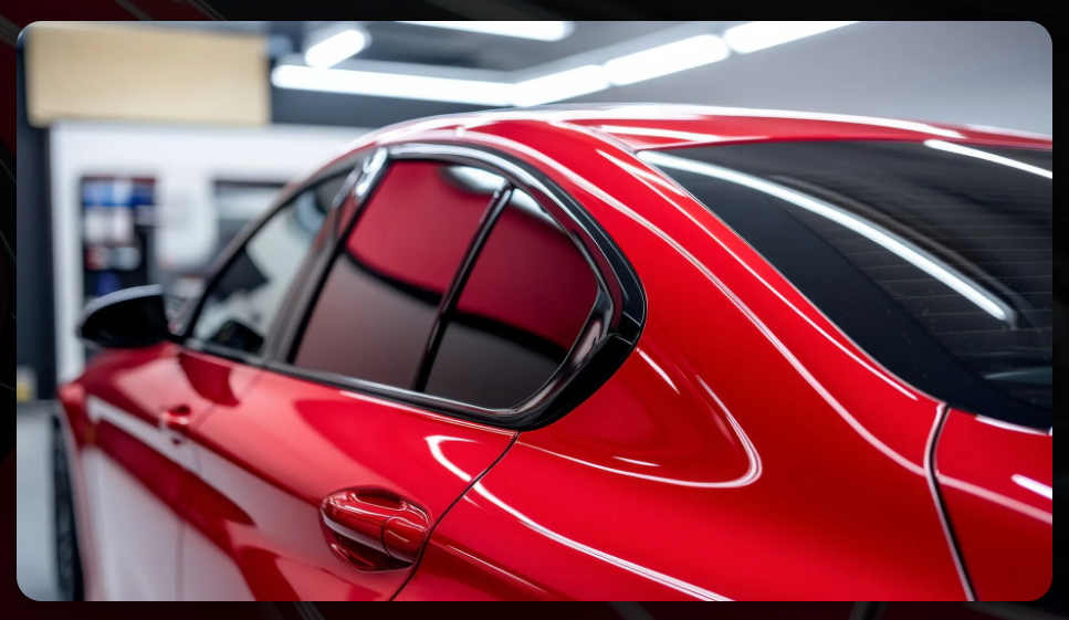 Red car's side, windows tinted, in a well-lit shop, reflecting red and white light.