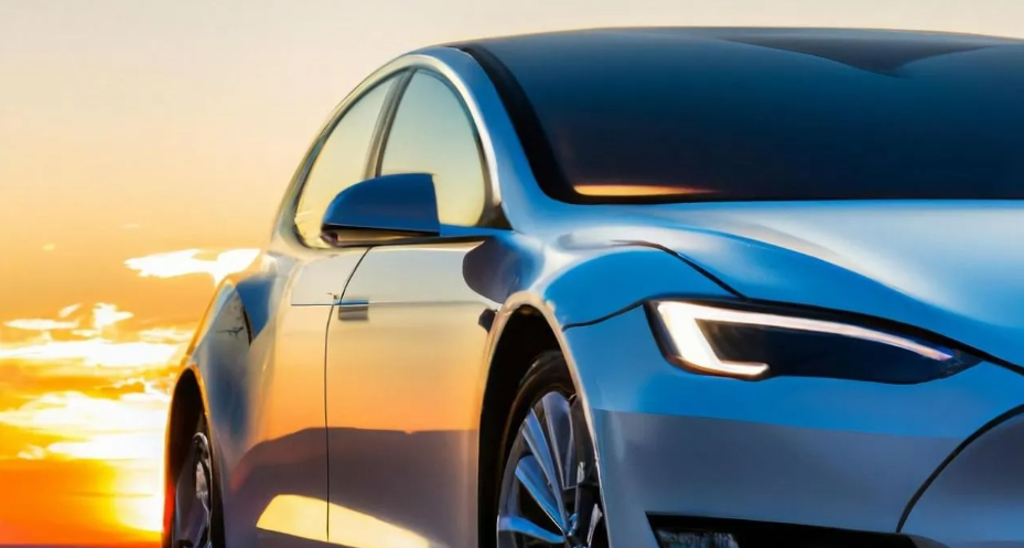 Silver electric car with bright headlights against a sunset backdrop.