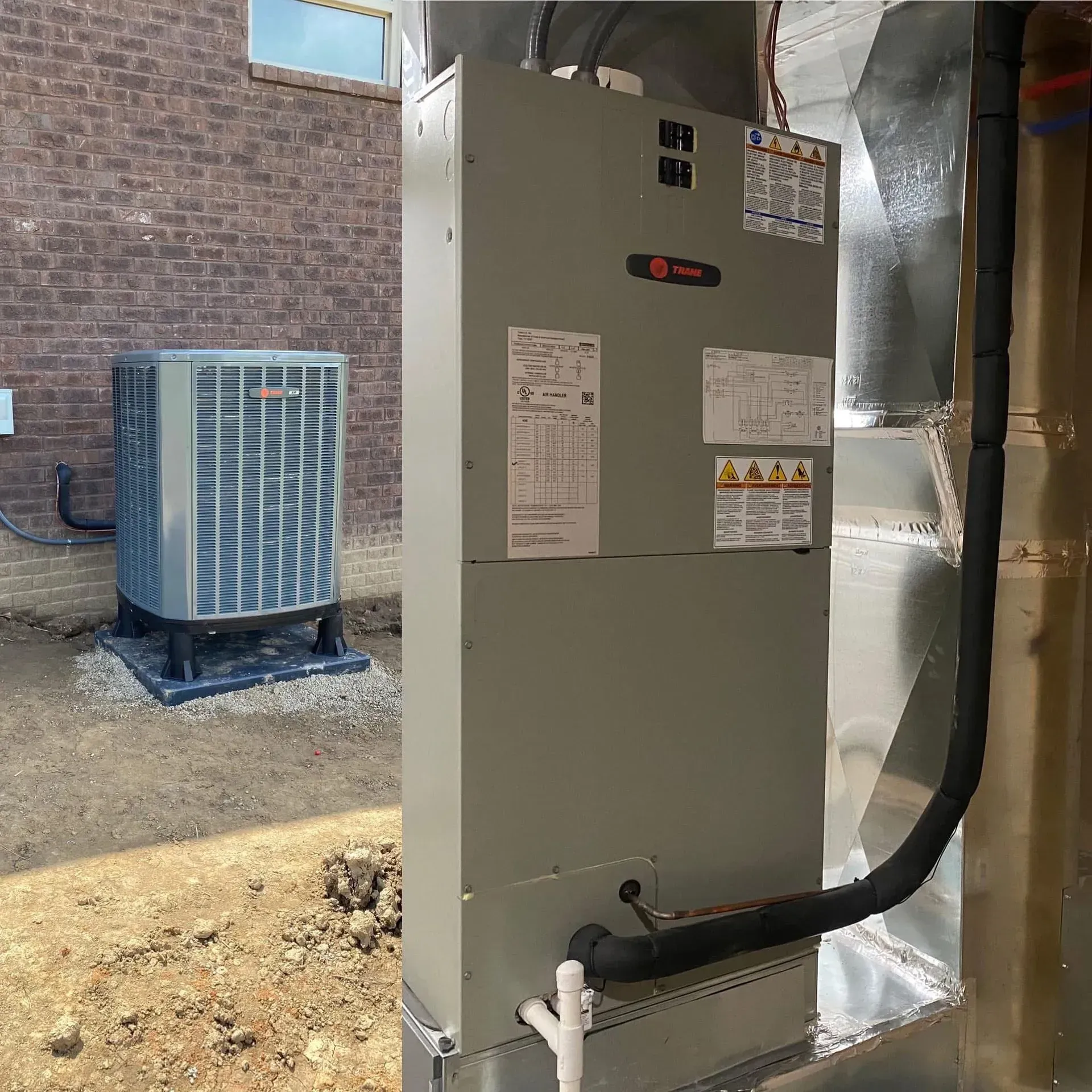 Outdoor HVAC unit beside a brick building, with a large gray electrical panel in the foreground.