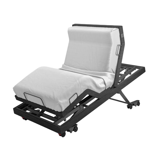 Adjustable hospital bed, gray metal frame, white mattress, raised back, wheels.