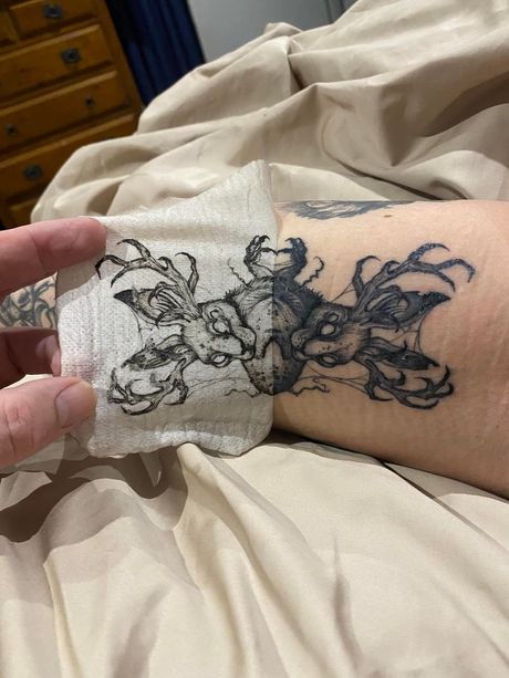 Person Holding a Gauze Pad Next to a Fresh Tattoo — Whitsunday Tattooing Airlie Beach in Airlie Beach, QLD