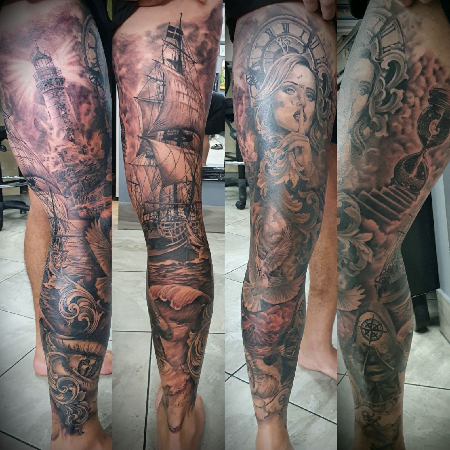 Full leg tattoo with a lighthouse, sailing ship, woman, and staircase designs. — Whitsunday Tattooing Airlie Beach in Whitsundays, QLD