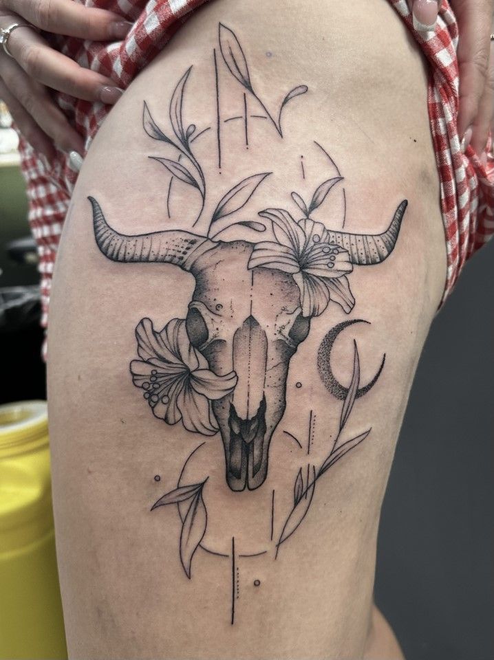 Tattoo on a Leg. Features a Clock, Roses, Leaves, and Script — Whitsunday Tattooing Airlie Beach in Airlie Beach, QLD