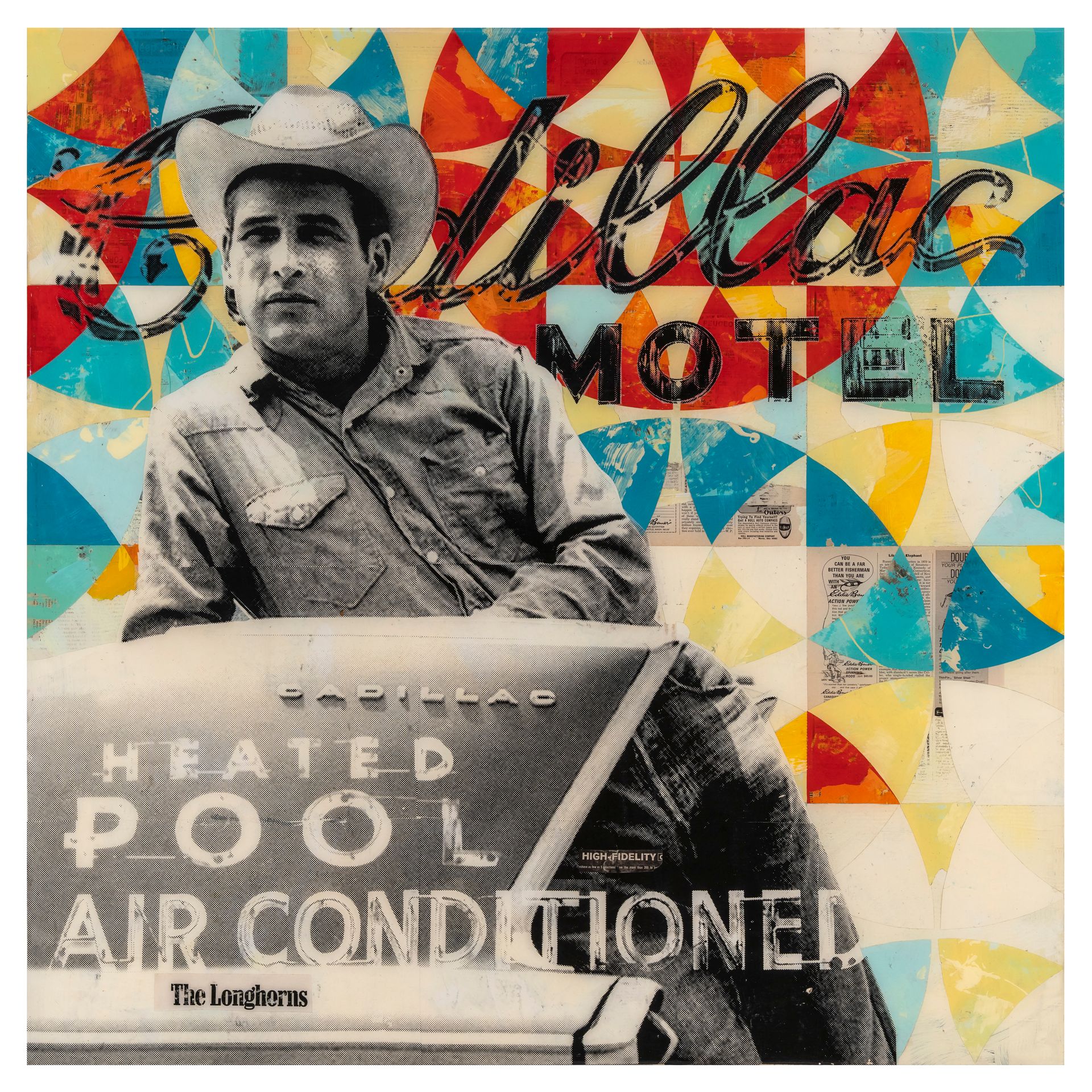 Collage by Robert Mars of a man in a hat over colorful geometric patterns. Text reading “Motel” and “Good Air Conditioned.”