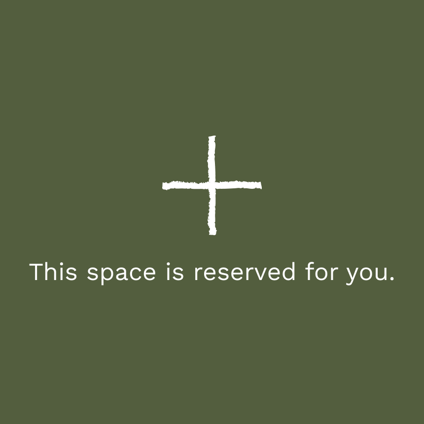A white plus sign icon centered on a dark olive green background, with the text