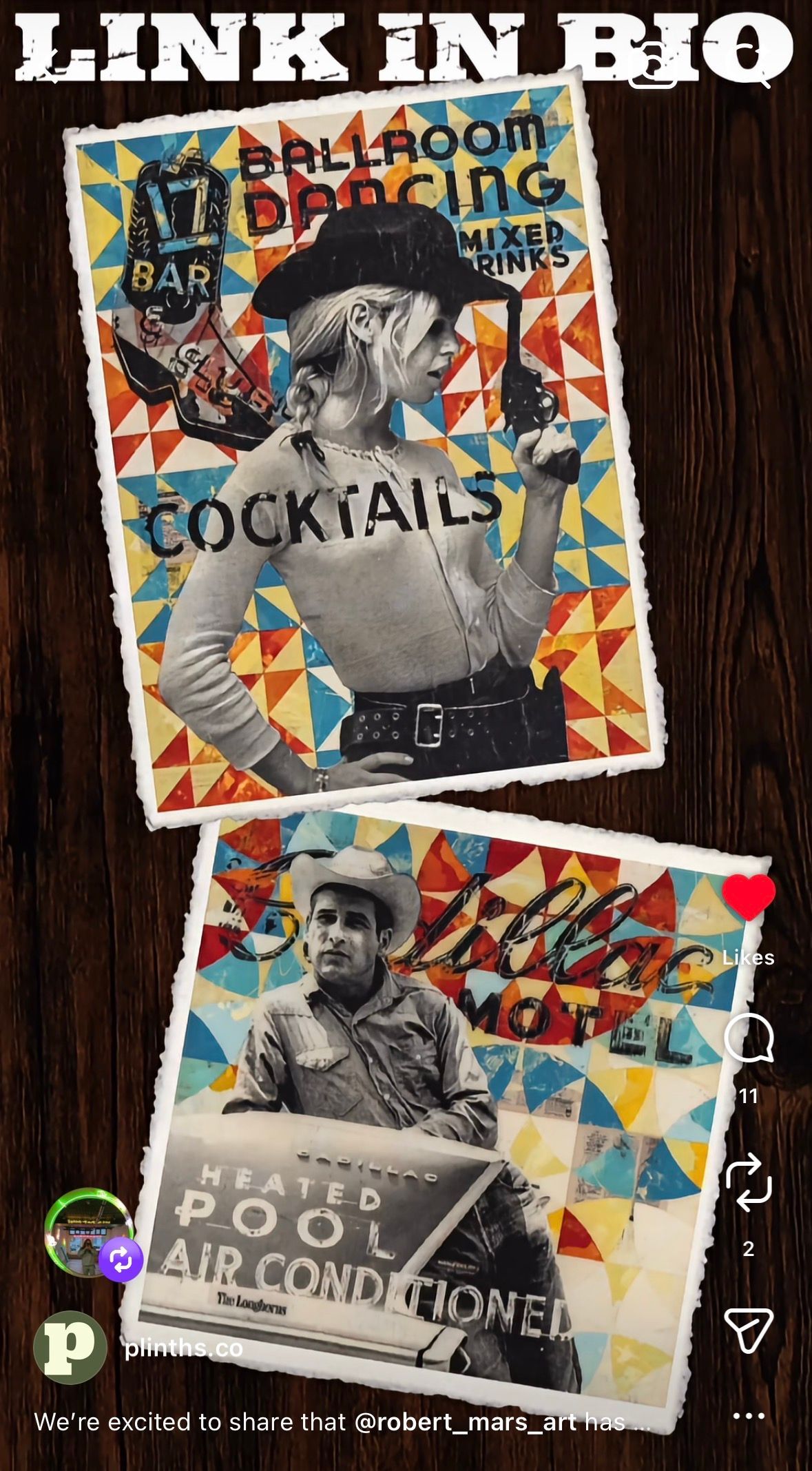 Vertical collage of two colorful poster-style artworks by Robert Mars on a dark wood background, with “LINK IN BIO” at top.