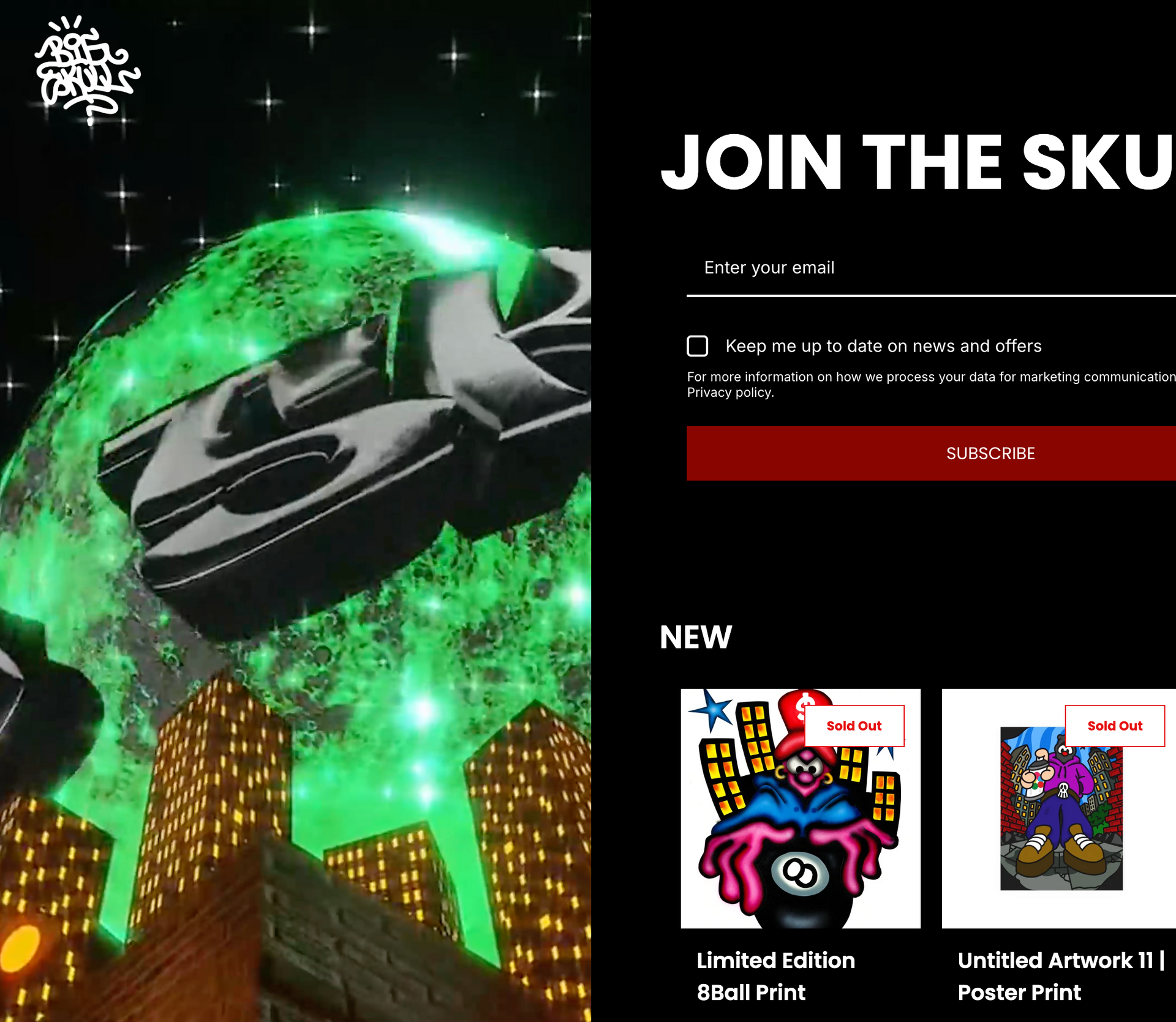 A website for artist Big Skull: left features a green moon over a city; right has a subscription form and new items.