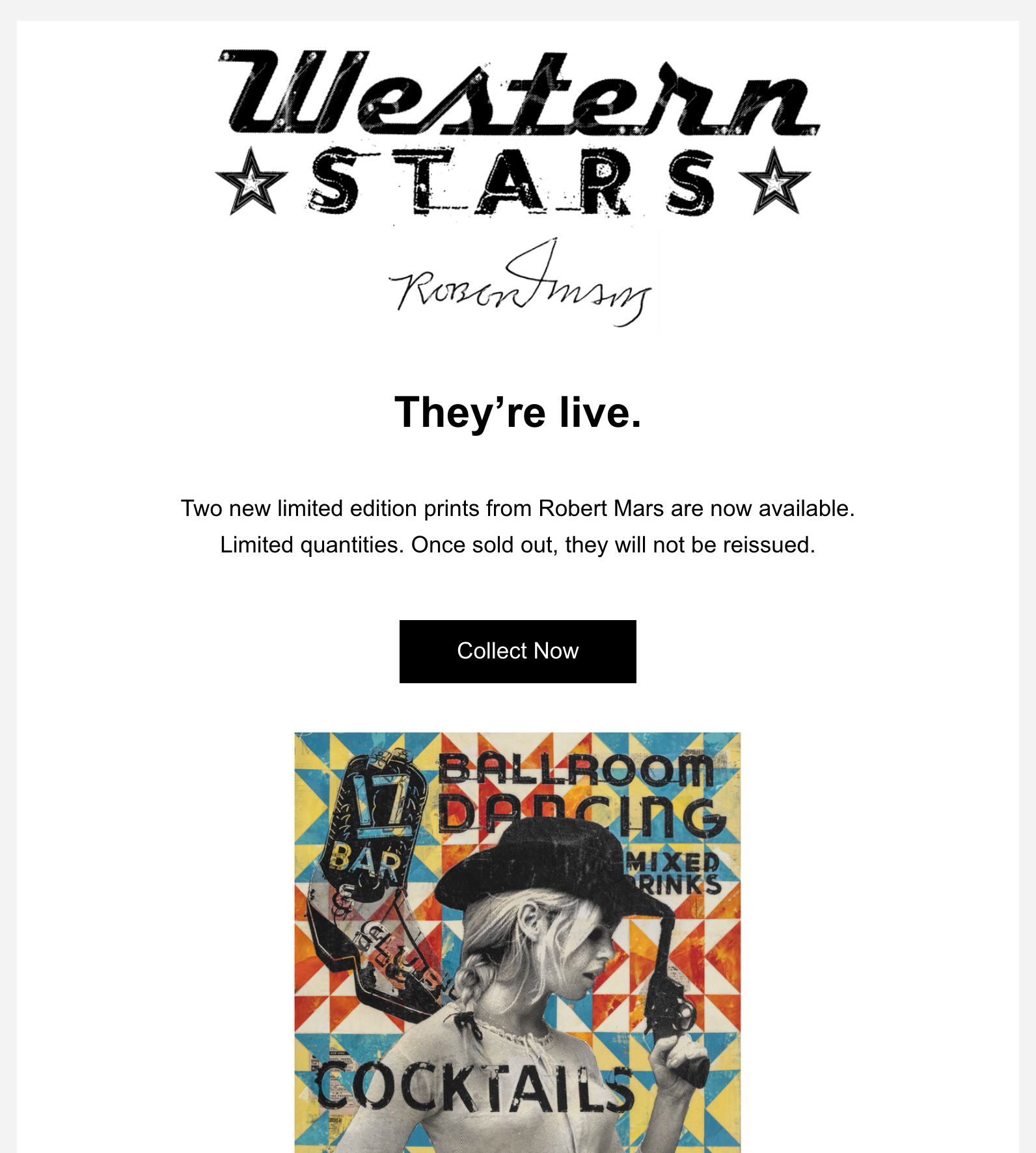 Western Stars event page with call-to-action button and colorful cocktail ballroom dancing poster. Art by Robert Mars.